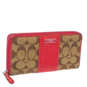 Coach Hot Pink/Beige Canvas and Leather Accordion Zip Around Wallet